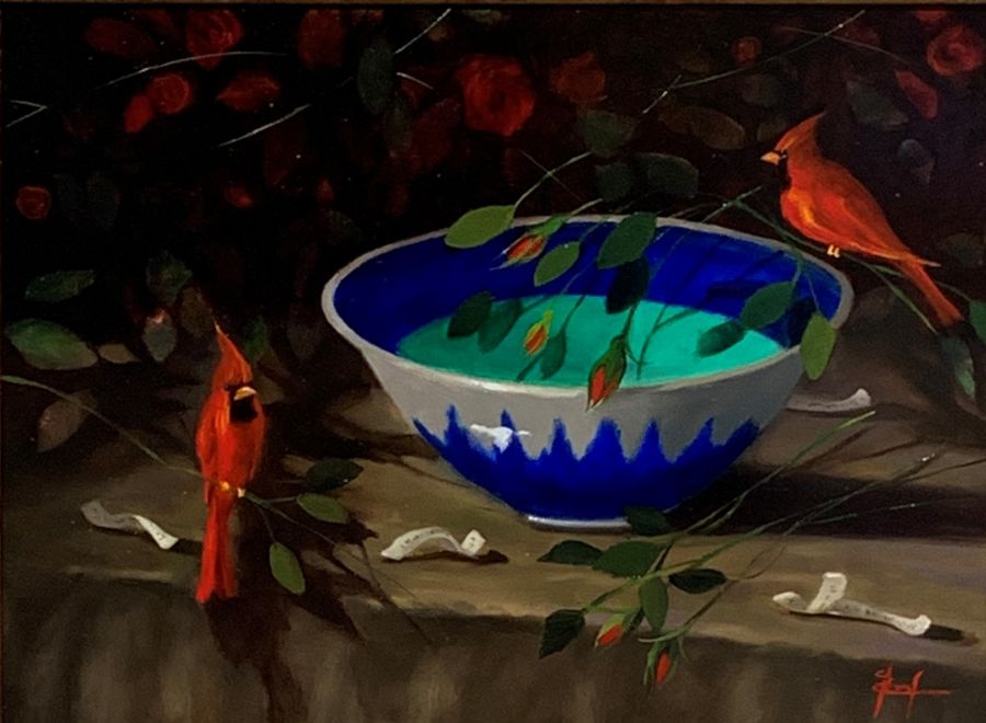 A Painting Of A Bowl And Birds